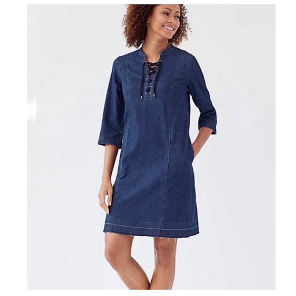 J. Jill Denim Lace Up Neck Dress Womens Sz L Blue Raw Hem 3/4 Sleeve Stretch